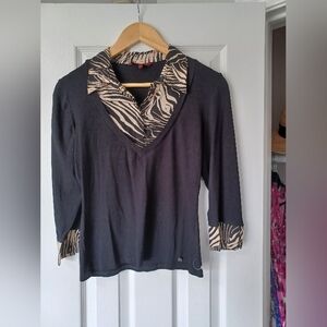 John Richmond Black & Cream Top with Zebra Print Accents (Size 12 - runs small)